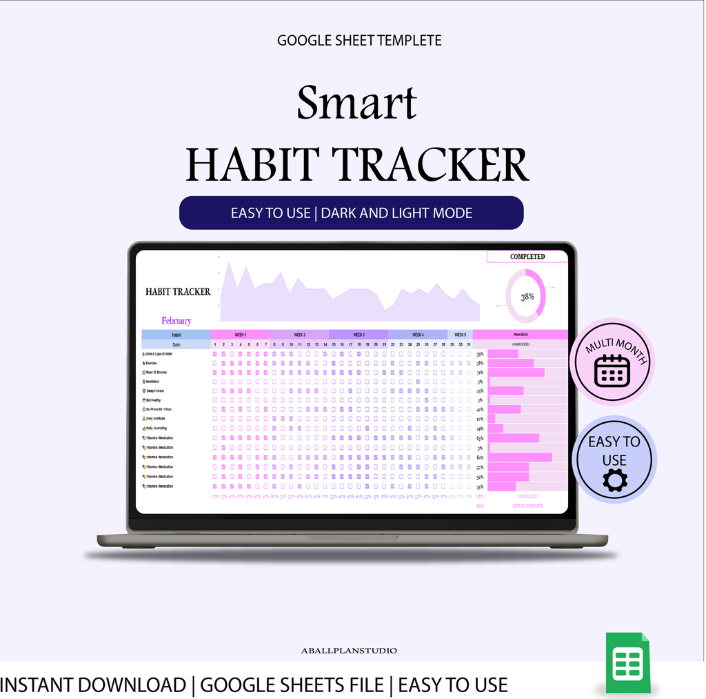 Habit Tracker Spreadsheet | Dark Light Mode Google Sheets Daily Monthly Habit Tracker  ( Digital Download )